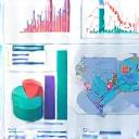 Icono de visualización de datos con gráficos y un mapa interactivo